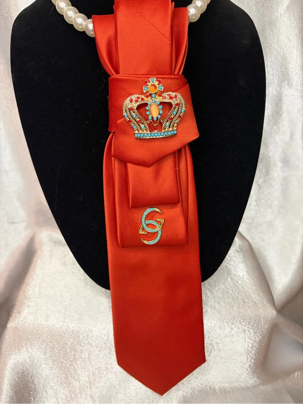 Orange Satin Necklace Tie  with Crown Brooch